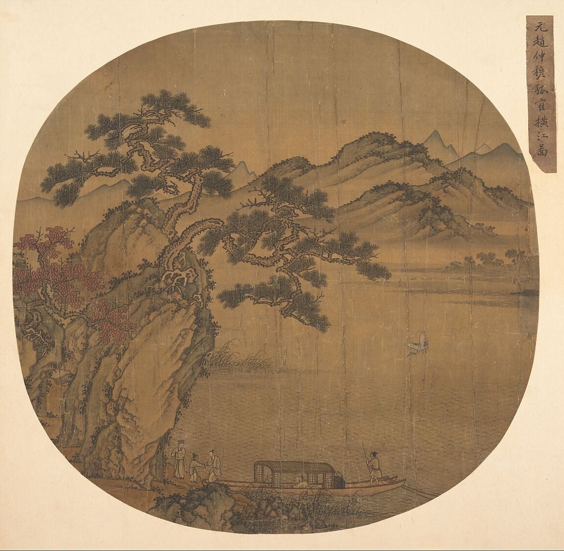 The warm tan-brown tone of the aged silk is not background paint but the material itself; the artist worked with and against this surface, making the antiquity of the medium part of the image.