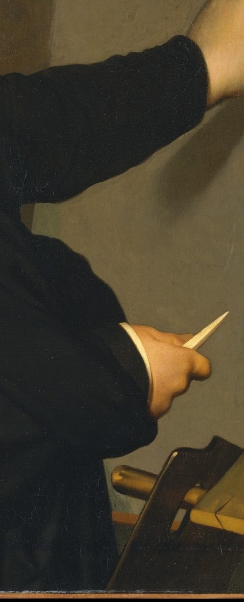 The easel on the right anchors the scene, a canvas just out of frame, a life's work implied.