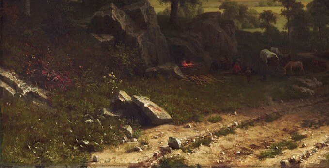 Bierstadt's most detailed brushwork is concentrated here , rough ochre and grey rocks establish material texture that contrasts with the vaporous peaks above, proving his range.