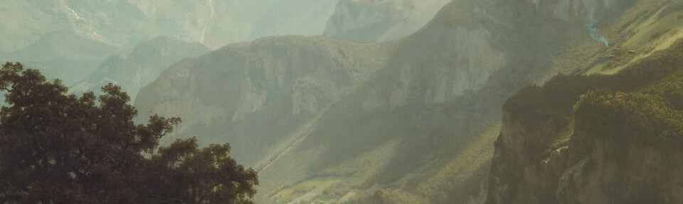 The lake acts as a mirror for the surrounding peaks and sky; Bierstadt uses a cold blue-green to create depth that pulls the eye inward , a signature luminism technique.