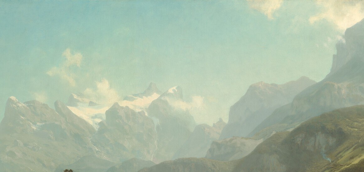 The dramatic snow-covered peaks (Uri-Rotstock, St. Gotthard range) dominate the composition and demonstrate Bierstadt's Düsseldorf-trained atmospheric perspective , notice how the snow glows warmer at base than summit.