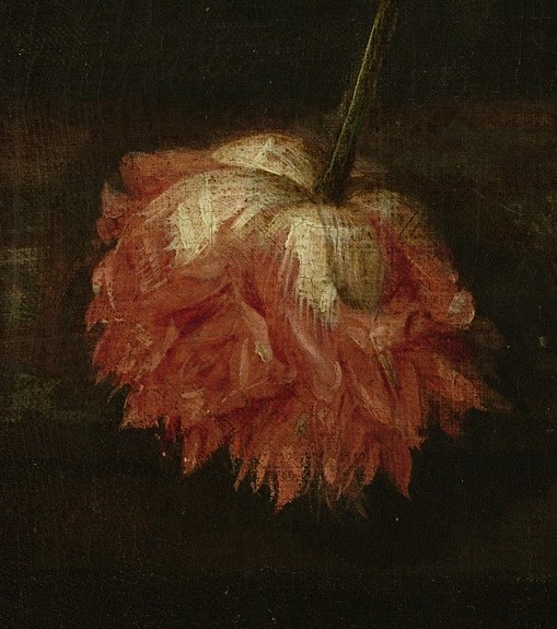 The wilting peony at the bottom hints at life's fleeting nature.