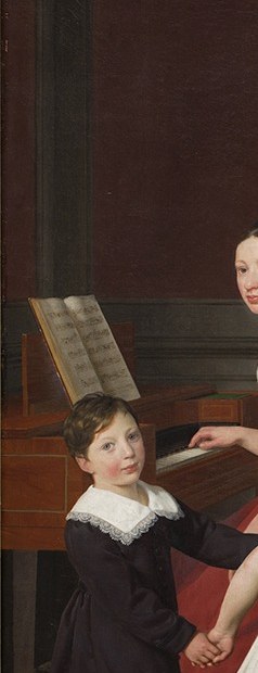 The sheet music at far left pulls weight back to balance the patriarch at right.