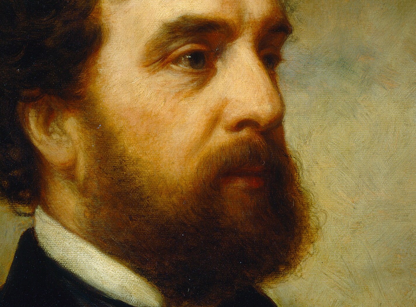 The dense, well-groomed beard signals 1860s masculine bourgeois respectability; its warm reddish-brown contrasts the dark coat and cool background.
