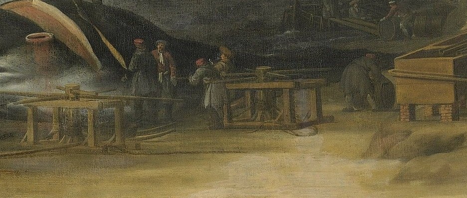 Here, workers process a massive whale carcass on shore.