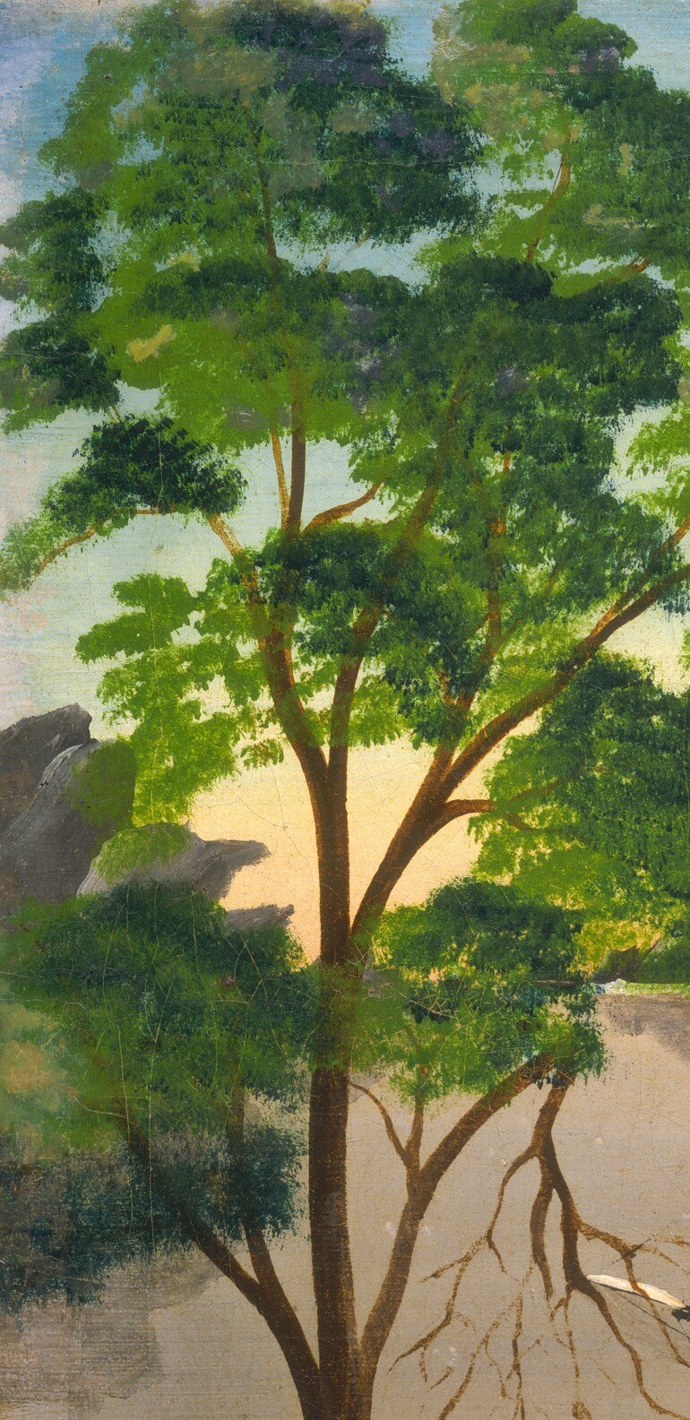 A framing device classic to folk-art harbor scenes; its dark silhouette vignettes the left edge and anchors the composition