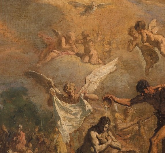 The luminous apex of the earthly action; Ricci floods him with warm light while surrounding figures recede into shadow, classic Baroque hierarchy placing divinity at the luminous center.