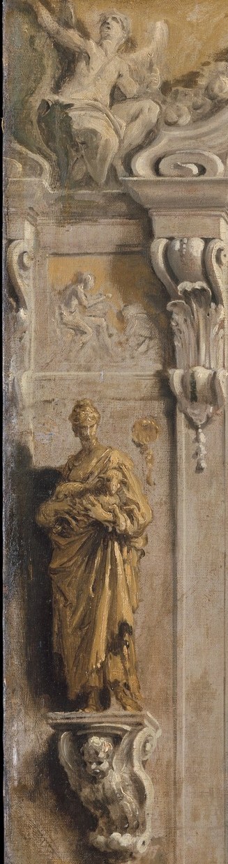 Part of the trompe-l'oeil architectural surround; Ricci makes the painted pilaster indistinguishable from real stone, a signature Venetian device for integrating canvas into palace or church walls.
