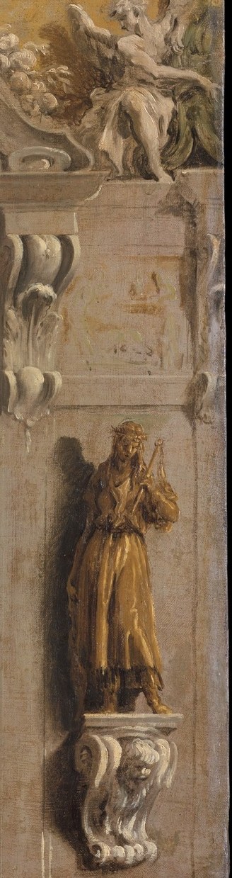 The paired statues frame the sacred narrative like guardians; identifying them, prophet, saint, or virtue, would pin the painting's full iconographic program to its patron's intentions.