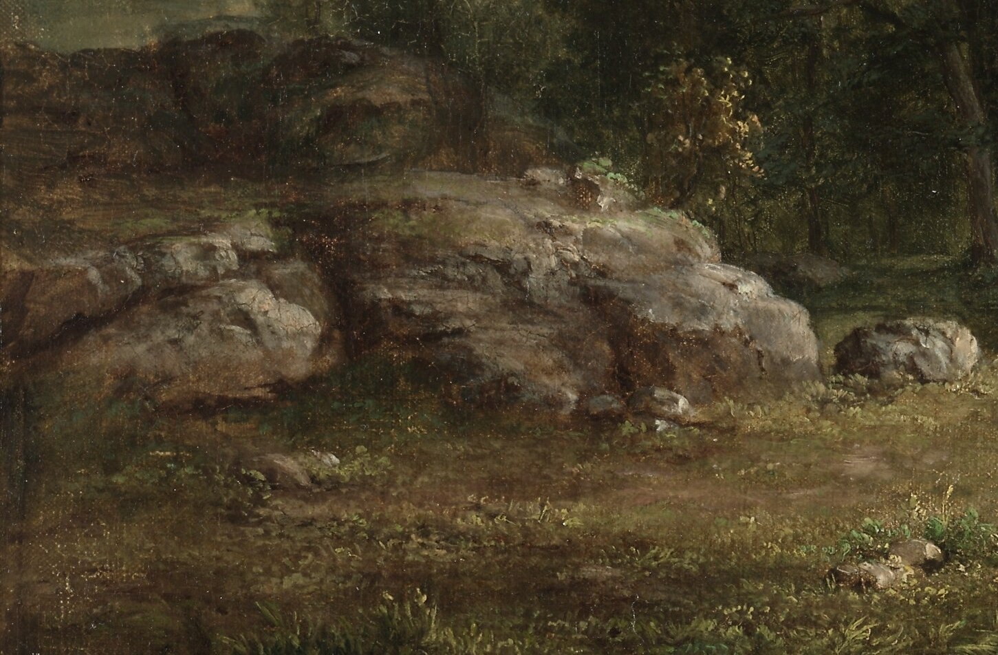 Adds ruggedness to the landscape and grounds the figures in the environment.