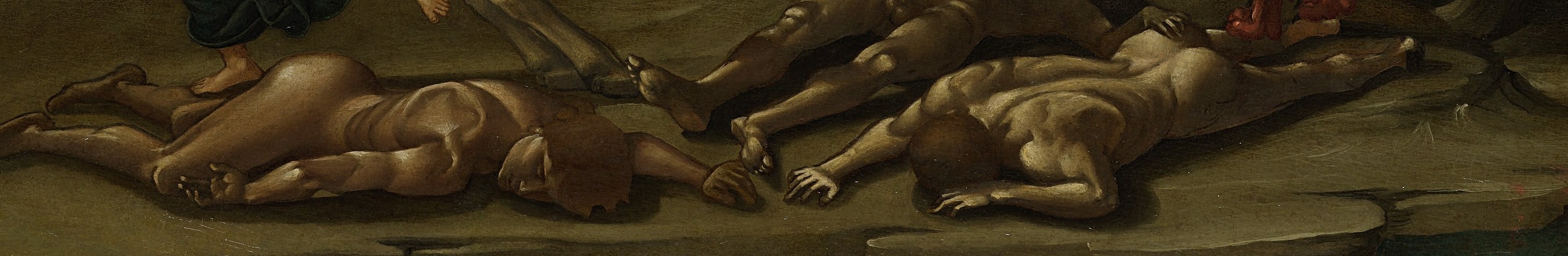 Their contorted bodies and pale skin suggest the brutal aftermath of the dragon's rampage.