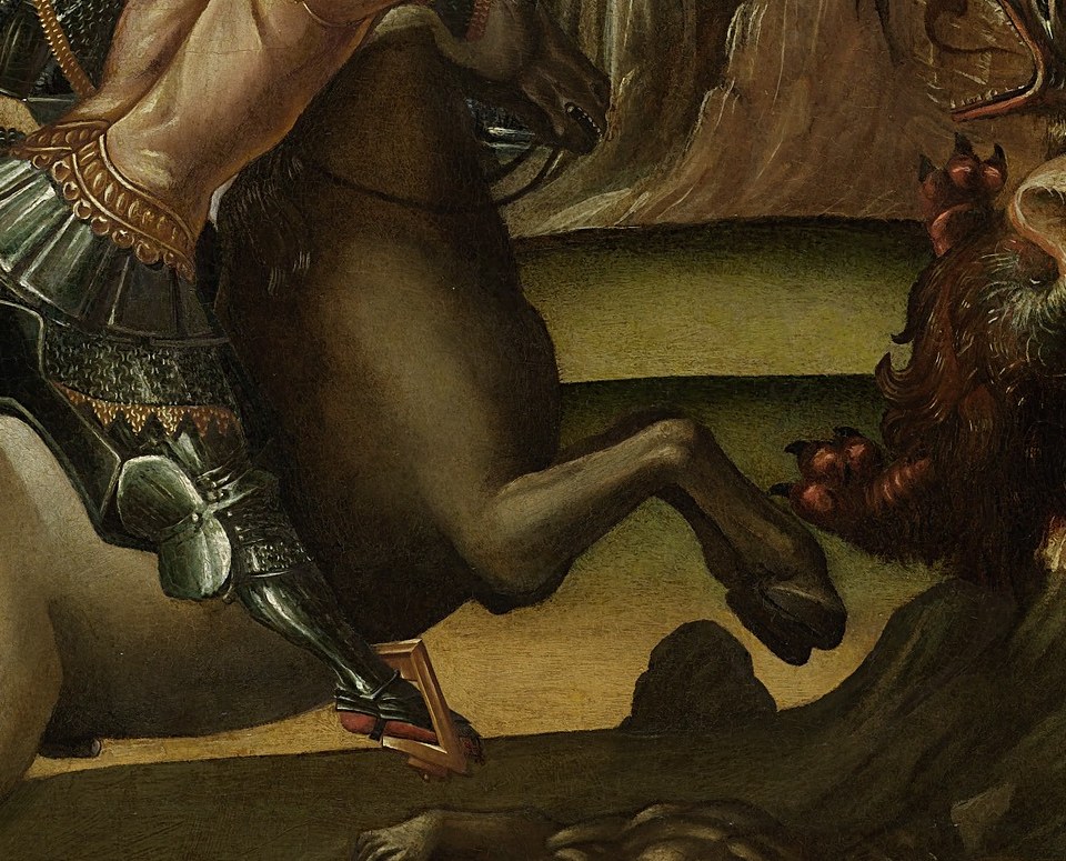 Saint George's muscular back also twists into space.