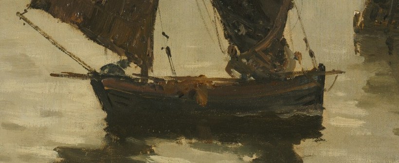 Its sturdy hull and deep reflection suggest a working vessel.
