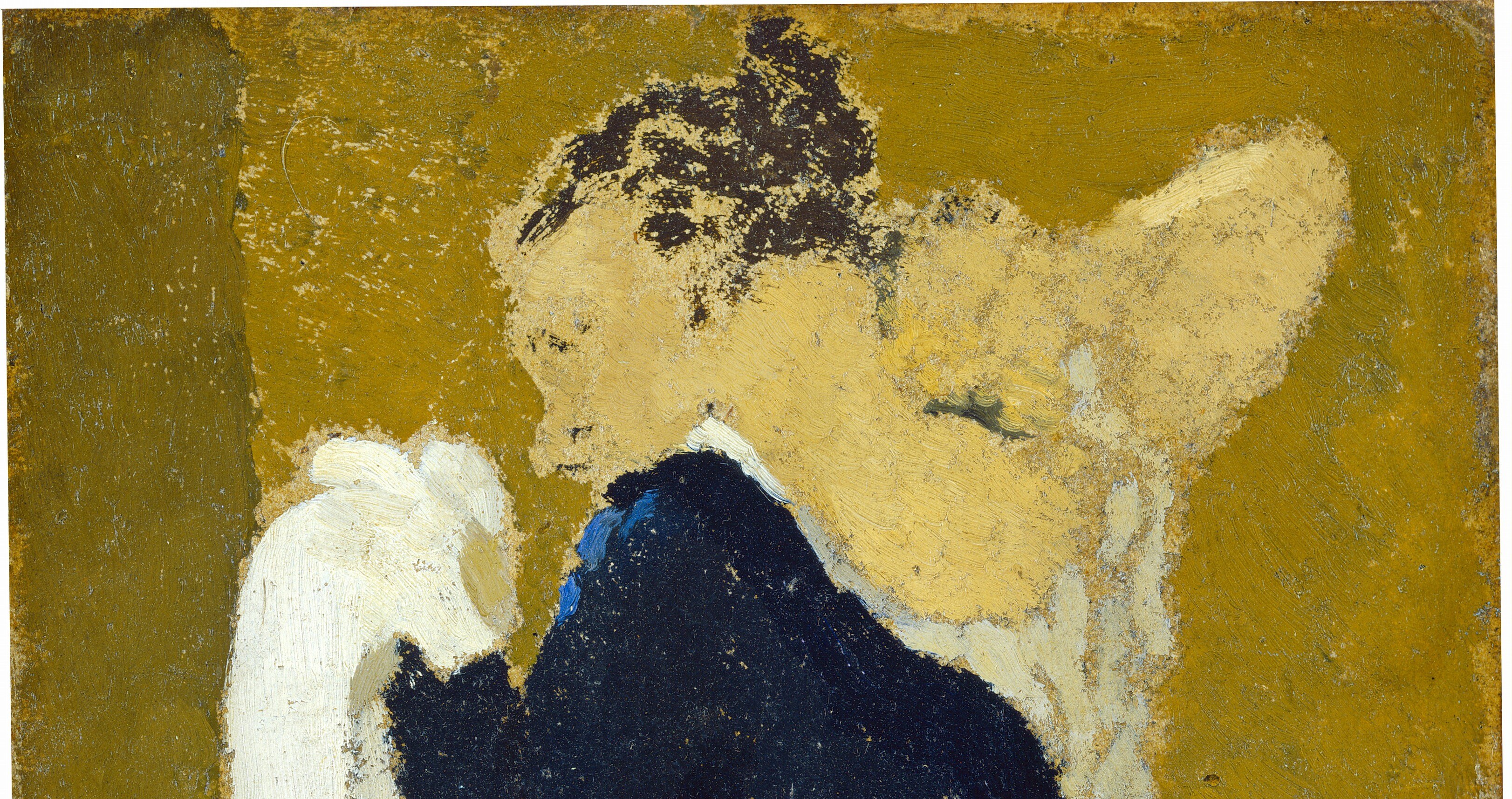 He builds light with thick, dry strokes of yellow on the wall.