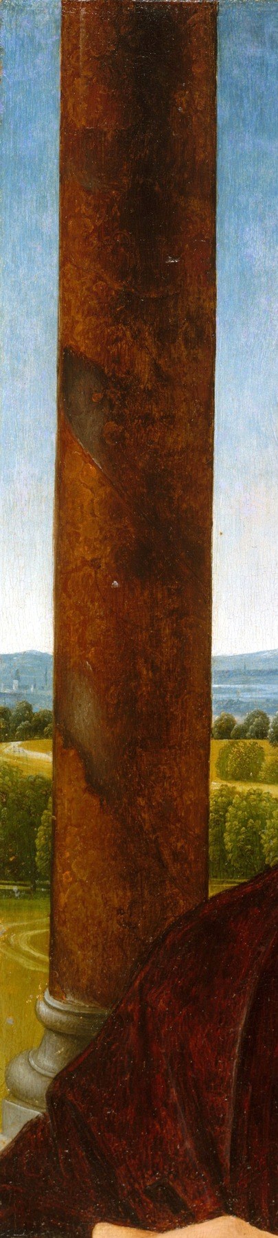 Two columns frame a distant landscape.