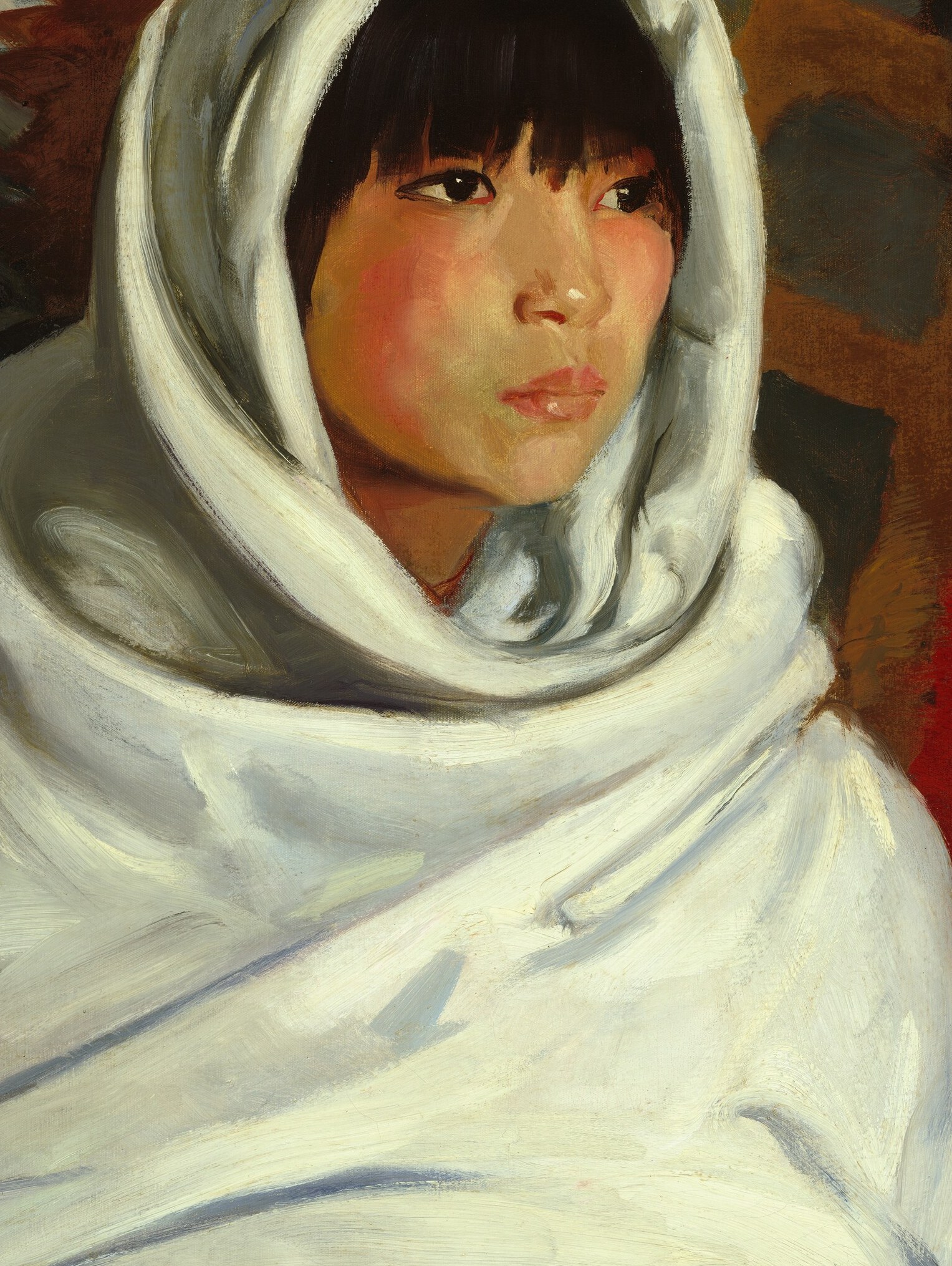 The voluminous folds of the blanket create a sense of warmth and enclosure, highlighting the subject's vulnerability.