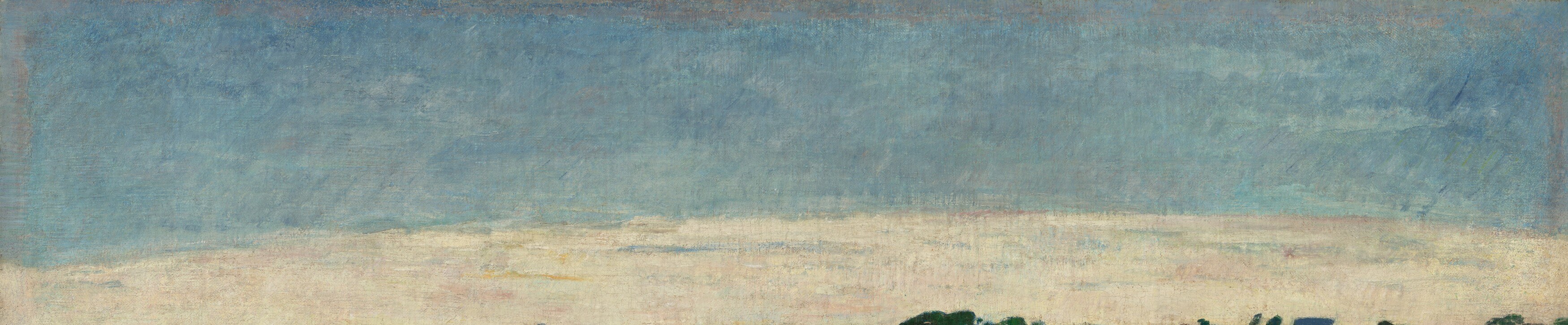 An unusually muted, bleached sky for Gauguin , its flatness and near-whiteness push the entire scene into a compressed, decorative space rather than deep recession.