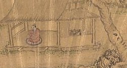 A scholar in a red robe. He is climbing.
