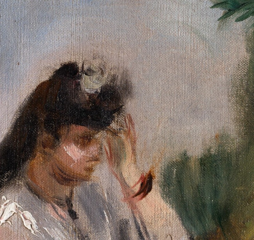 She looks away. She is present but does not meet our gaze.