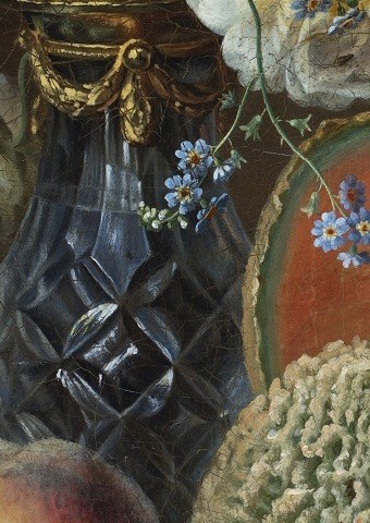 The ornate details of the vase hint at wealth and status, providing a luxurious contrast to the natural elements.