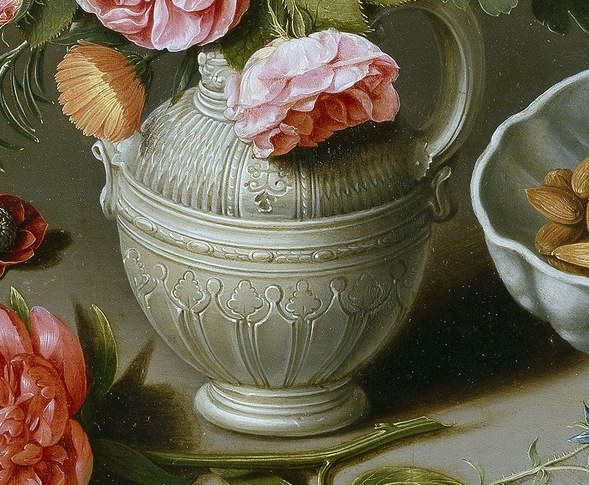 The intricate engravings on the vase showcase masterful craftsmanship and add a tactile quality to the scene.
