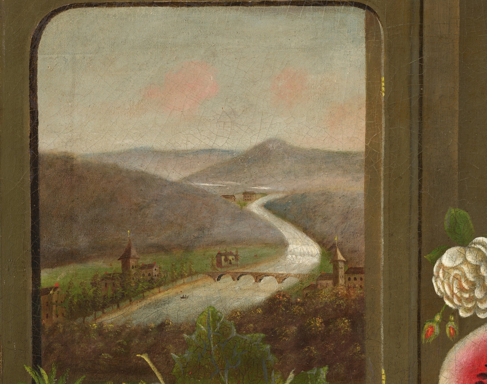 Through the window, a painted landscape extends the room into a distant river valley.
