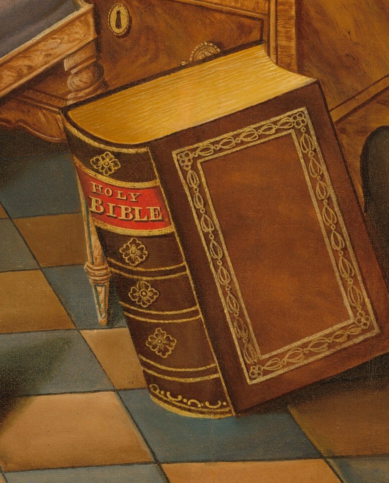 A Bible rests open on the floor. Scripture grounded his world.