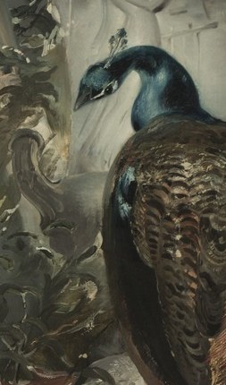 The peacock behind her means vanity.