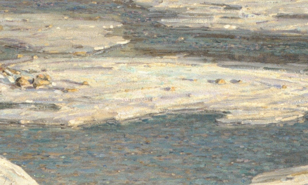 The dominant compositional mass , thick impasto white and pale-blue paint captures the weight and luminosity of river ice breaking apart in a late-winter thaw
