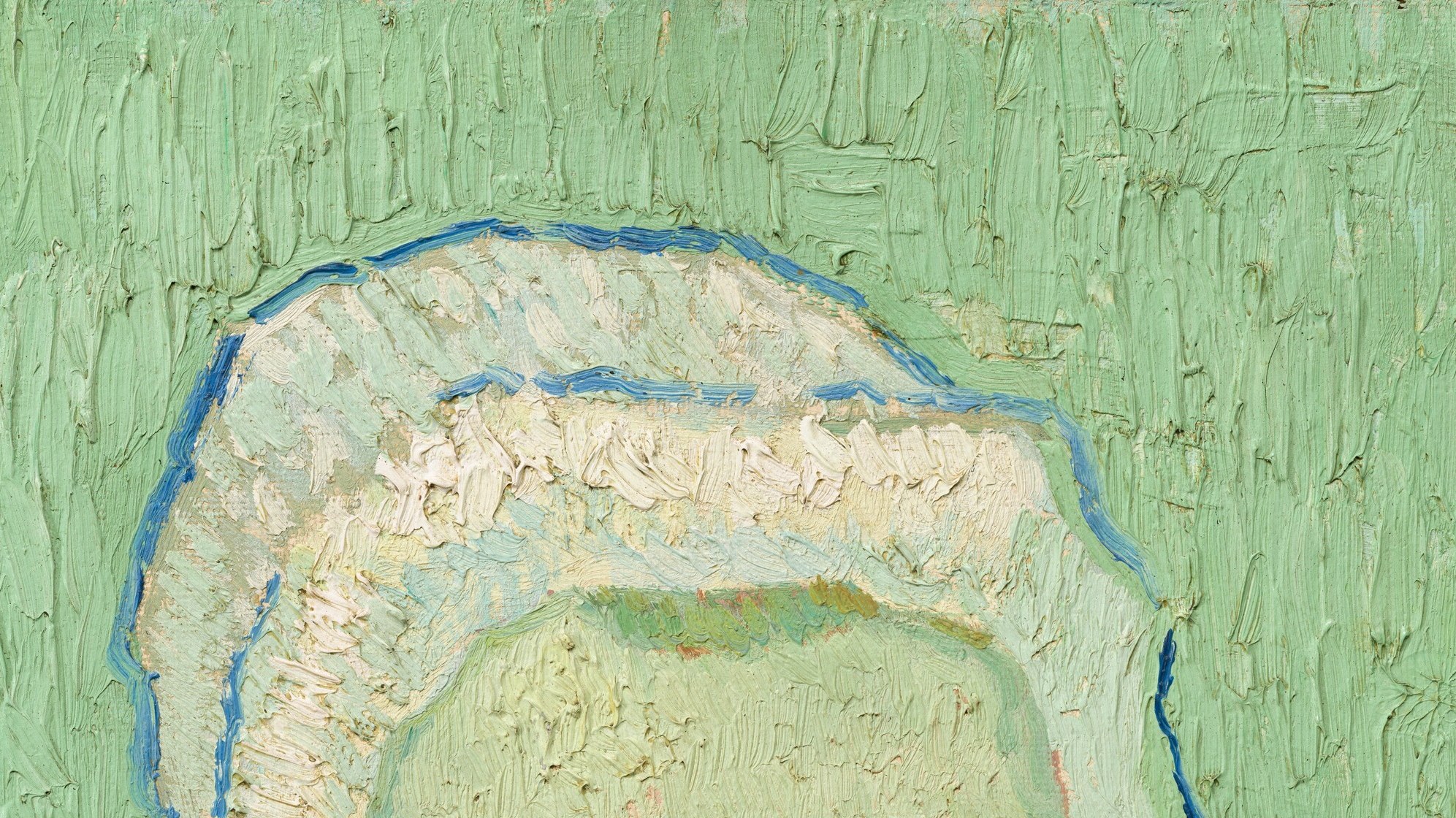 Painted with rhythmic swirling strokes of white, cream, and pale blue, the bonnet demonstrates Van Gogh's textile technique , it is both a period costume detail and a halo-like formal device elevating the infant.