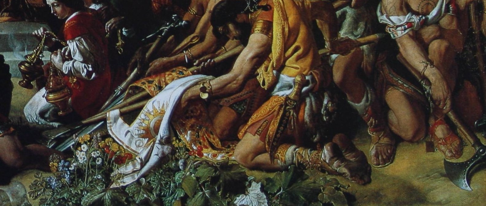 The depiction of the dead and wounded highlights the brutal consequences of conquest, adding a somber layer to the ceremony.