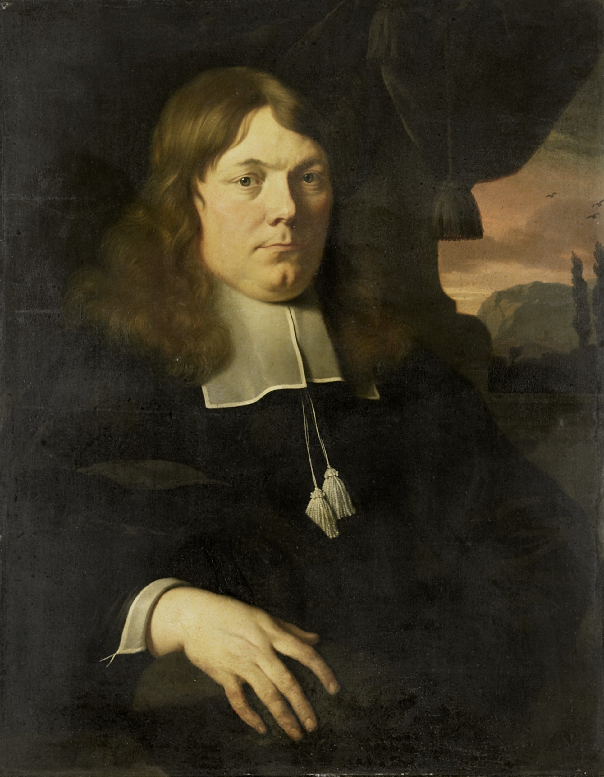 The deep, dark background pushes the figure forward, emphasizing his presence and isolation.