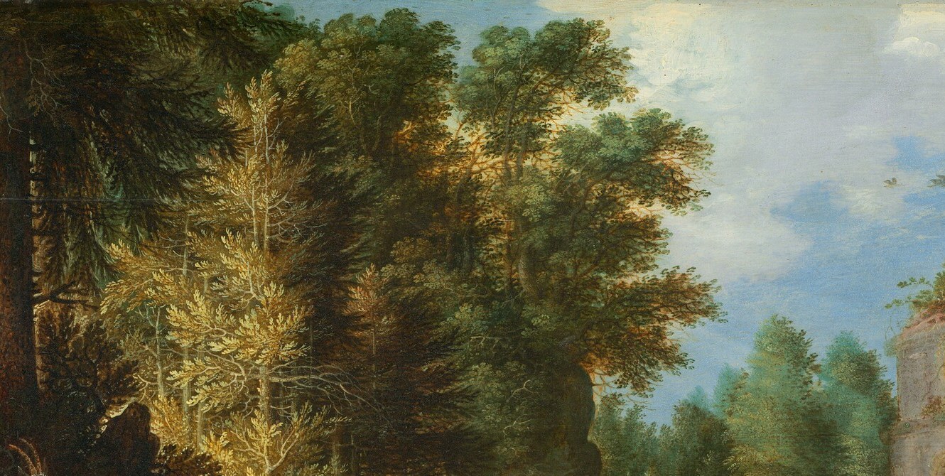 A riot of birds fills the upper branches. Too many to count at a glance.