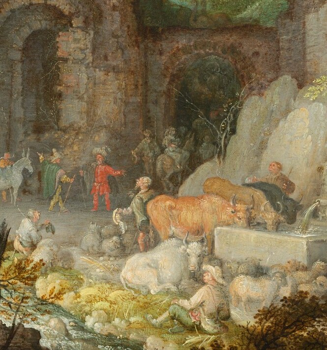 A biblical scene: Joseph leads Mary and the infant Jesus toward Egypt.