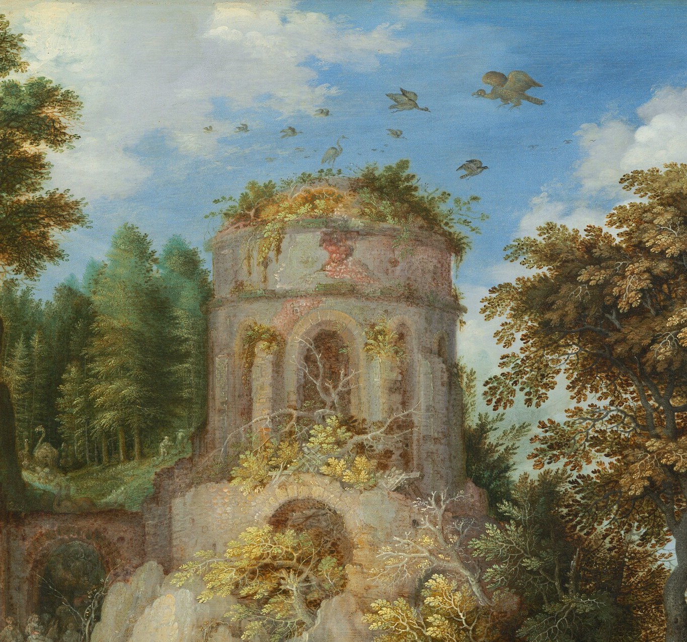 Savery's signature ruin motif , the rotunda's decay signals the Old Law giving way; ivy-draped stonework contrasts with living forest on either side