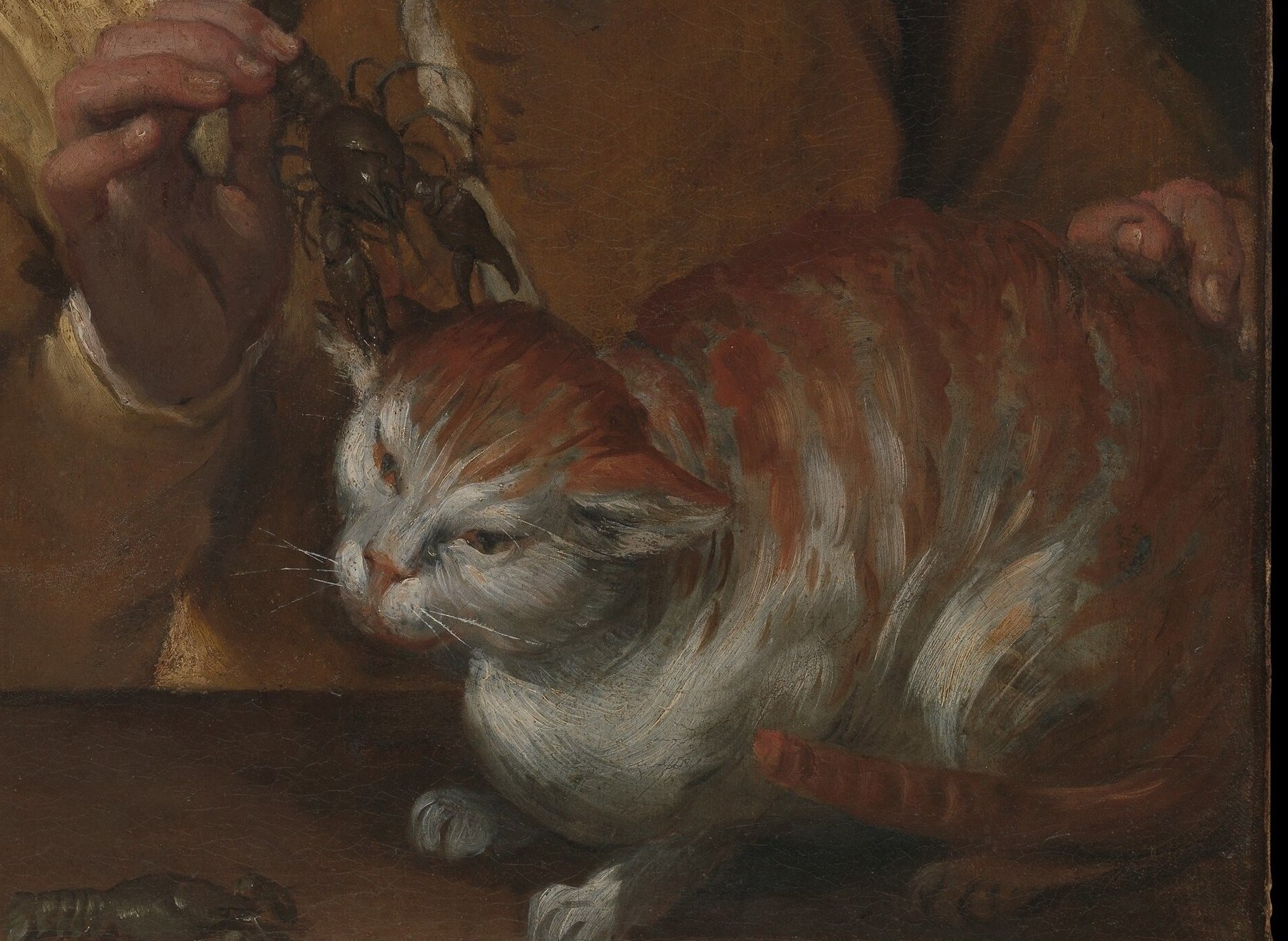 The cat is the pivot of the entire composition , pinned or tormented, its tense body language is the source of the narrative conflict.