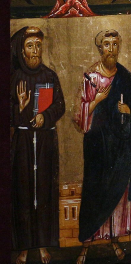 Below the Crucifixion, St. Francis humbly grounds the divine narrative.