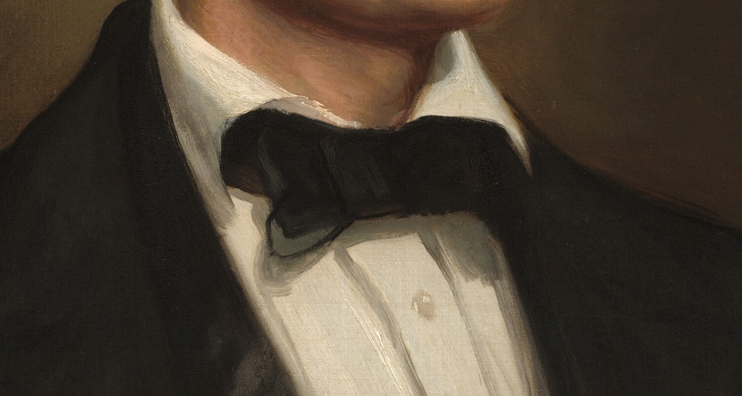The crisp white collar and black bow tie mark Lincoln as a self-made man who has arrived at middle-class respectability; the stark contrast with the dark jacket creates a visual anchor at mid-canvas