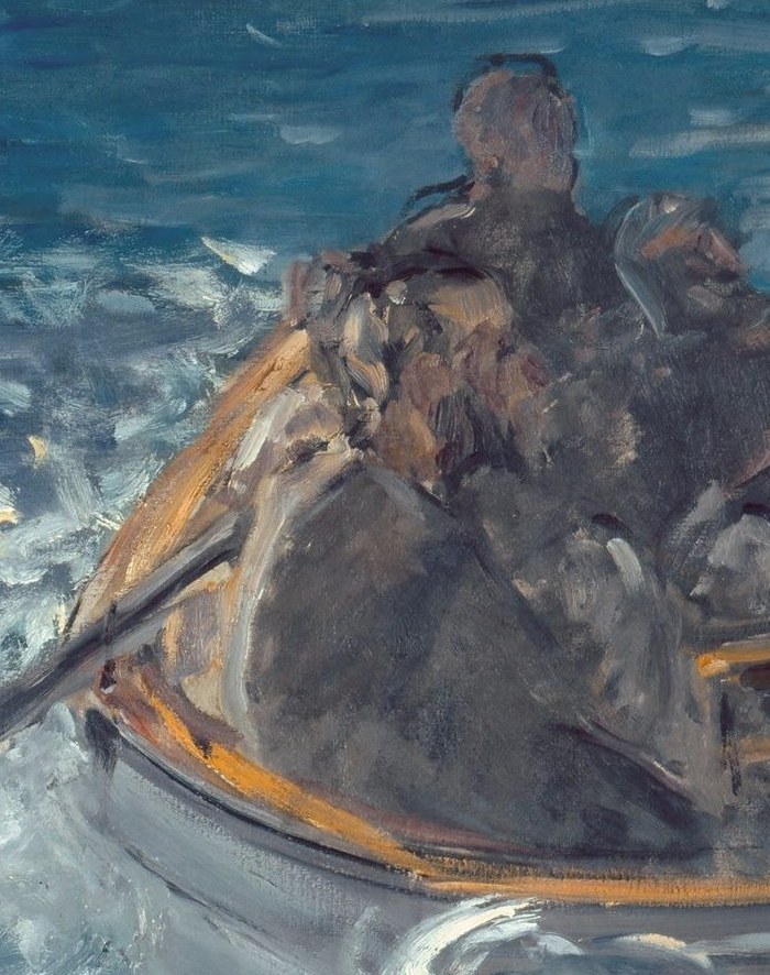 The rower's blurred form conveys intense, urgent effort.