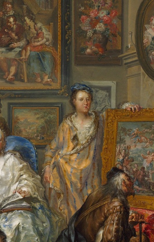 The idealized artist-protagonist around whom every other figure orients; holding up a canvas collapses viewer and studio audience into one
