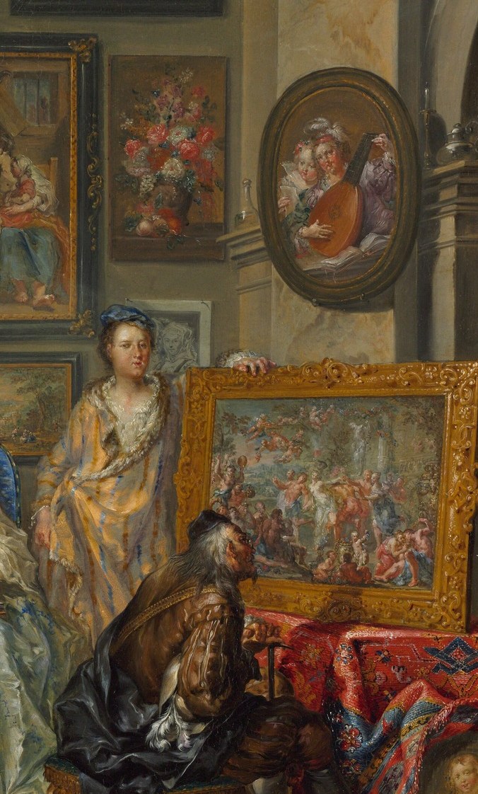 A painting-within-a-painting that makes the studio's subject recursive; what is depicted on it determines whether Platzer is showing history, myth, or portrait