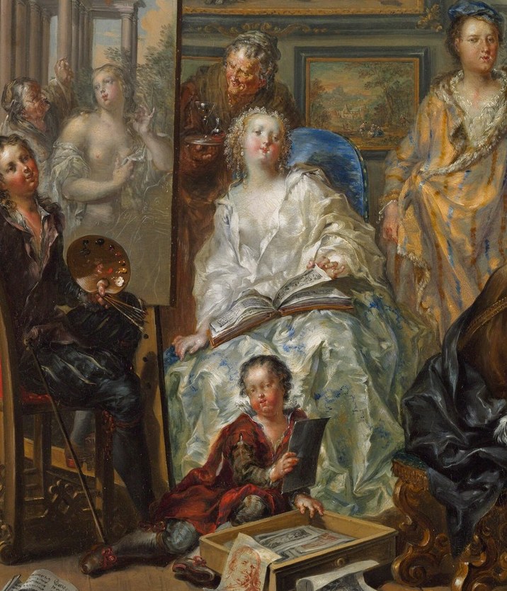 The most luminous figure in the composition , her pale dress acts as the painting's light anchor and her passive pose invites speculation about her role