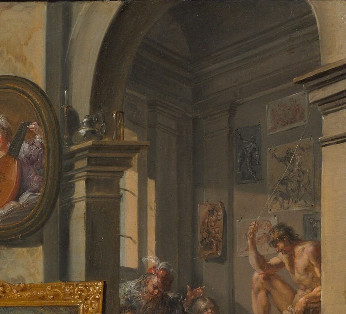 Each frame in this collector's-cabinet wall may hold an identifiable source work or invented composition , a hunting ground for art-historical citations