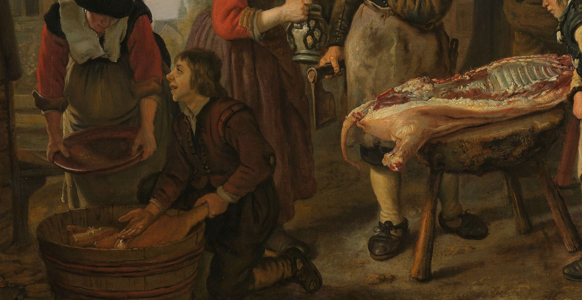 The painting's entire reason for being , the scraped, pallid body of the butchered pig dominates the lower center and forces the viewer to confront the mechanics of meat production with Dutch directness.