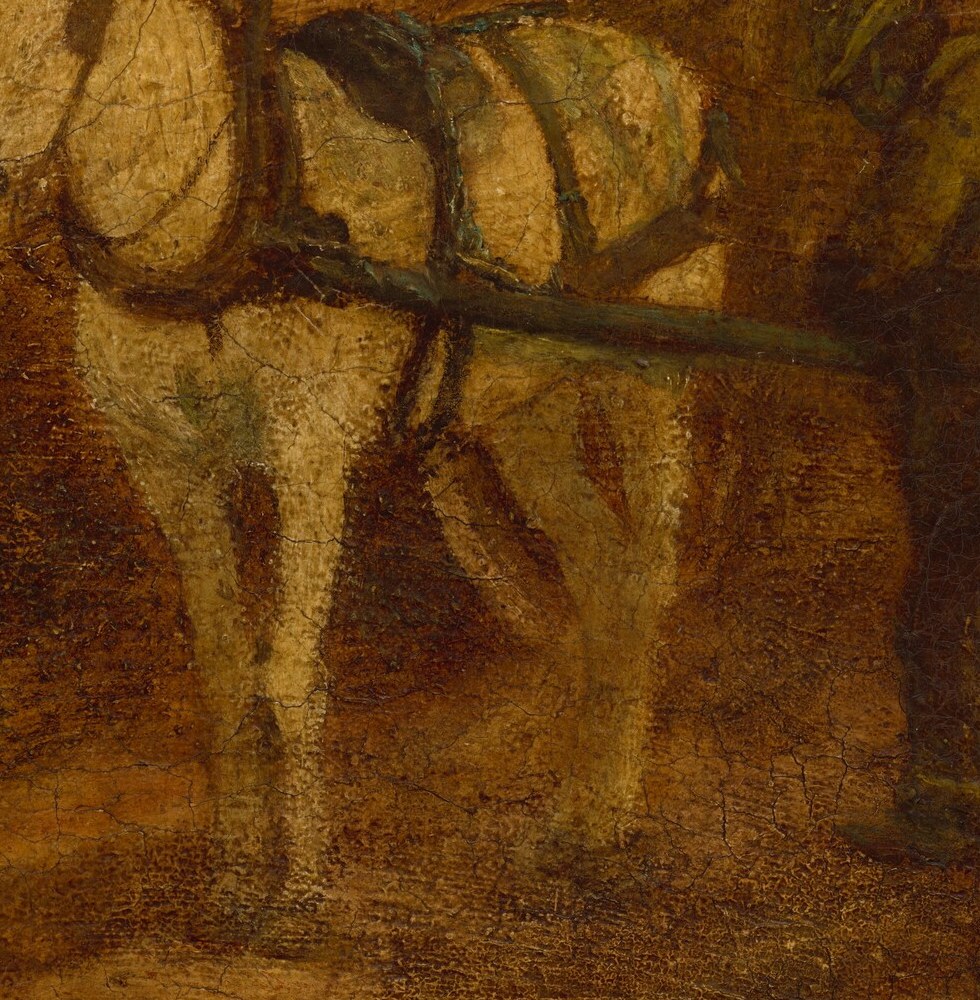 The horse's muted colors and soft form contribute to the painting's atmospheric and slightly melancholic mood.