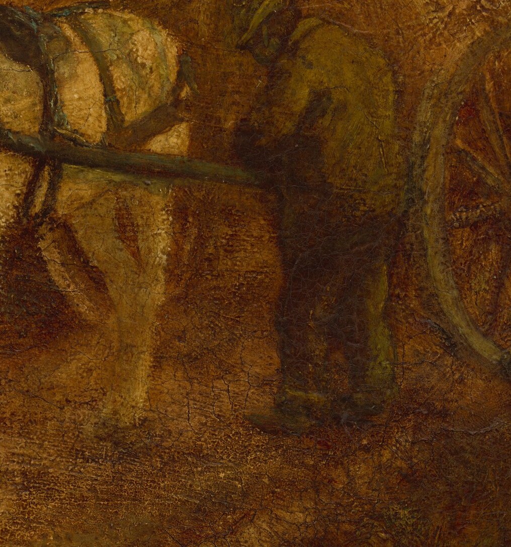 Here, a man kneels, repairing a harness by a prominent tree.