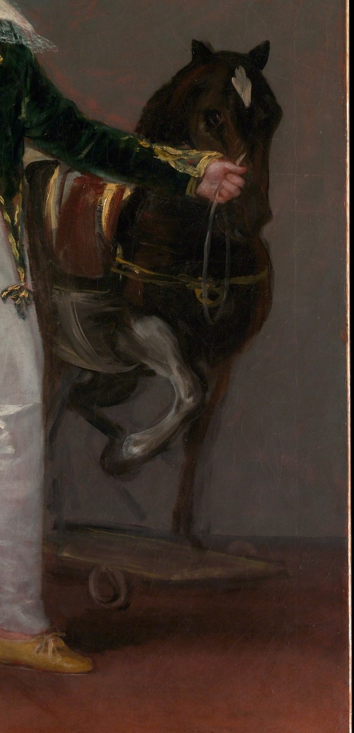 A fully equipped warhorse in miniature , saddle, bridle, stand , Goya treats it with the same painterly respect as a real mount, amplifying the military fantasy rather than diminishing it