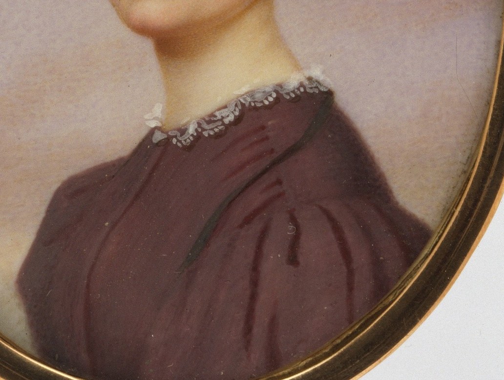 The rich red of her gown is striking and draws attention to her upper body, hinting at her status or personality.