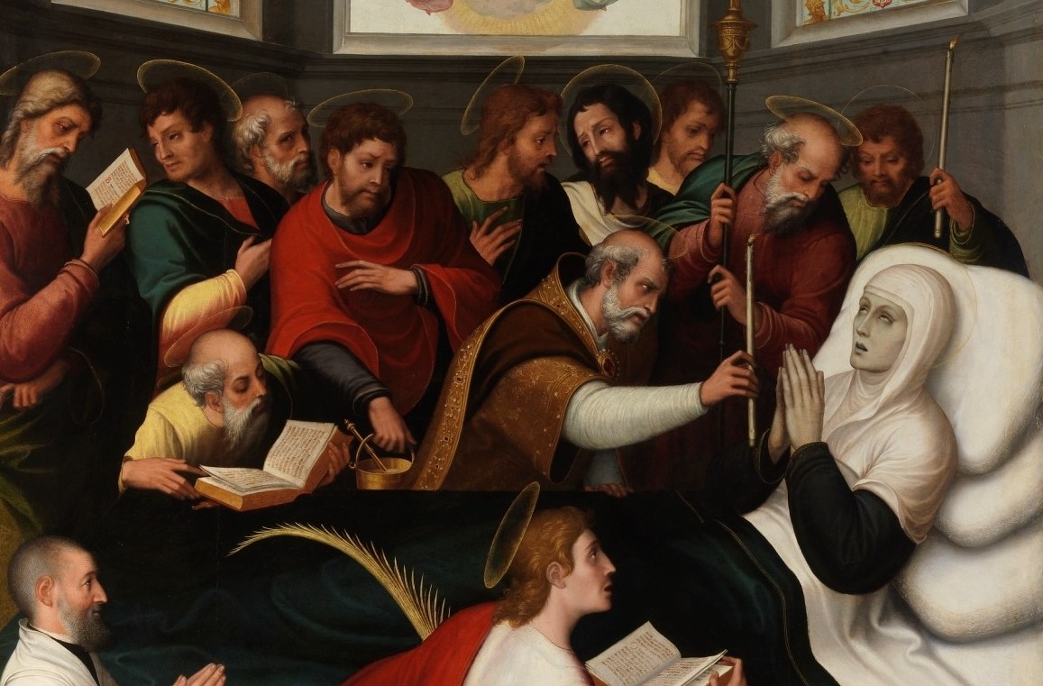 A calm, spiritual scene, witnessed by her apostles.