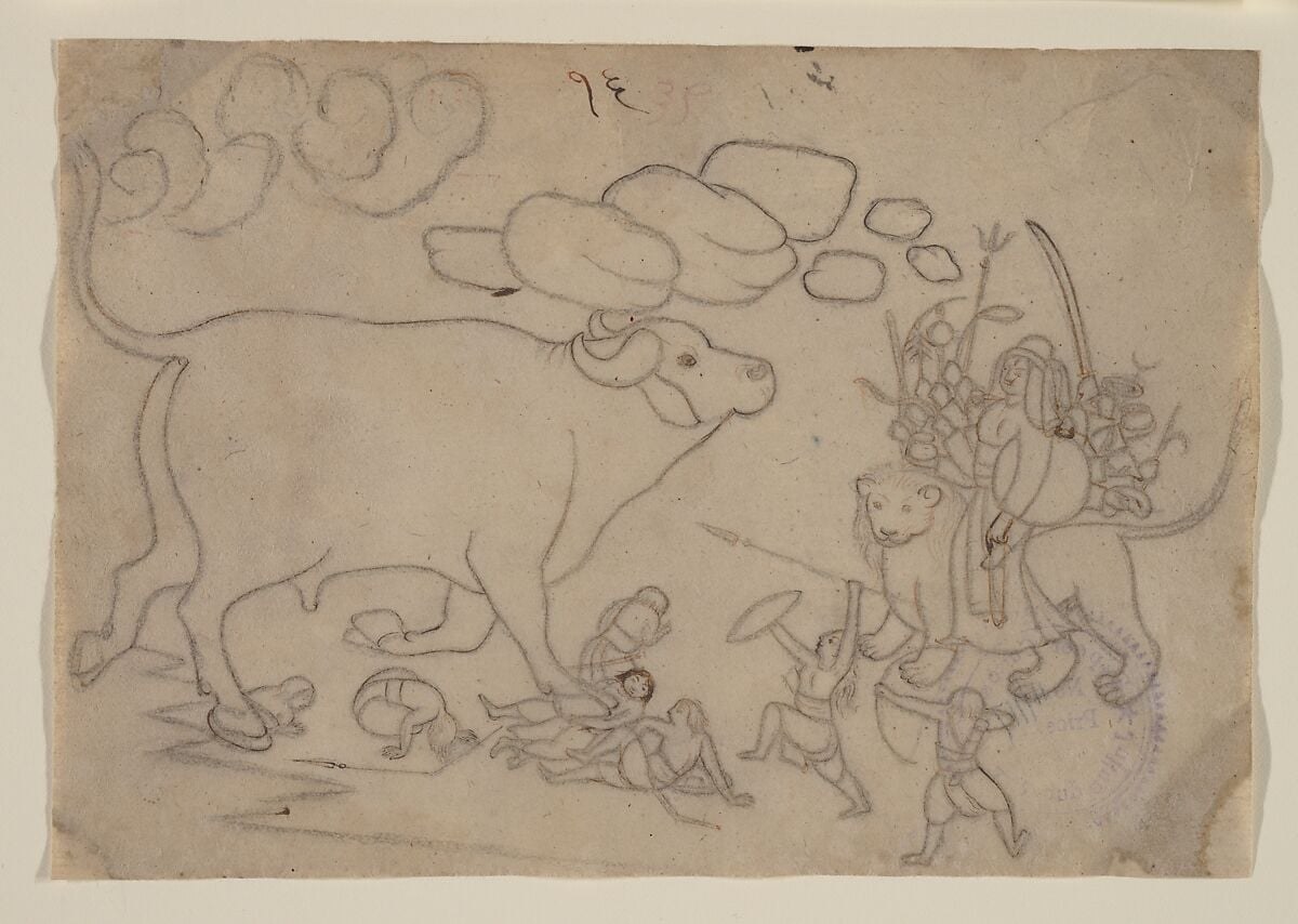It says the artist, Nainsukh, planned to ink the whole composition.